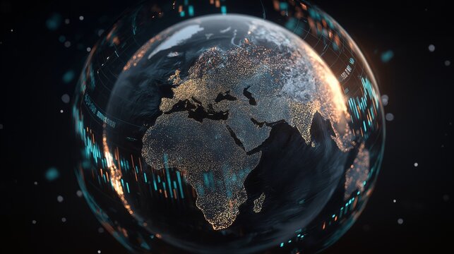 Glowing earth sphere global market data digital financial charts illuminated continents futuristic technology night view economic network data visualization innovation analytics