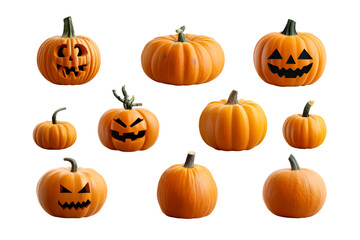 Collection of carved and whole orange pumpkins with various facial expressions for Halloween.