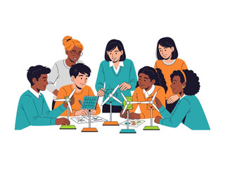 Future Engineers Constructing: A diverse group of children and instructors collaborates, engrossed in assembling model solar panels and wind turbines.