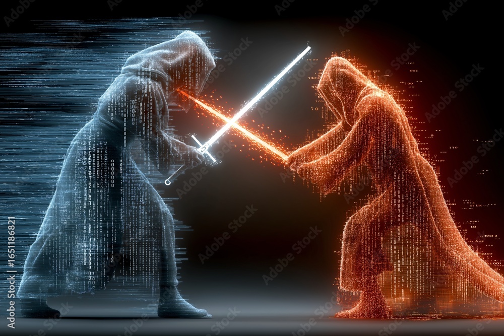 Poster two abstract knights made of flowing blue and orange binary code face each other in dramatic digital