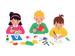 Creative Children at Work: A vibrant scene of young children enthusiastically engaged in crafting activities at a shared table.