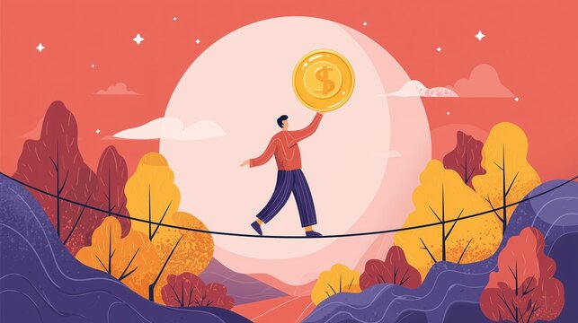 Person balancing on tightrope holding gold coin autumn landscape large sun financial risk determination flat illustration orange and purple color palette conceptual motivation