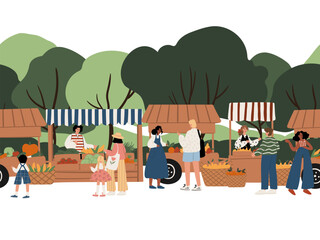 Fototapeta premium Seamless border with outdoor farmers market: fruit and vegetable stalls, buyers, kids, adults, trees and hills in background. Flat vector illustration.