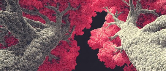 Bright pink foliage frames a dark sky in woods