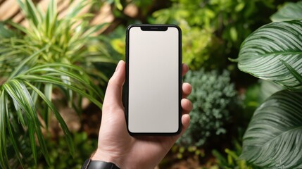 A person holds a smartphone with a blank screen, standing amidst thriving green plants in a vibrant, well-lit outdoor setting. The focus is on the device and natural surroundings