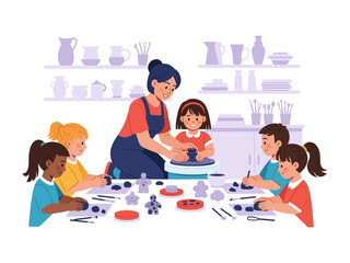 Creative Pottery Workshop: A vibrant illustration captures a pottery class, where children, guided by a supportive instructor, engage in molding and crafting clay.