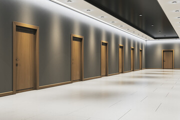 Modern hotel corridor with wooden doors and contemporary lighting in stylish corporate building interior perspective view. 3D Rendering