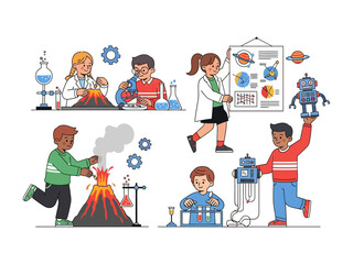 Children's Science Experiment: A delightful cartoon illustration of children immersed in exciting science experiments, from volcanoes to robots, fostering curiosity and a love for learning.