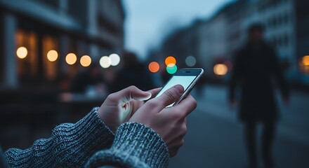 Close-up of person using smartphone outdoors during twilight with blurred street lights