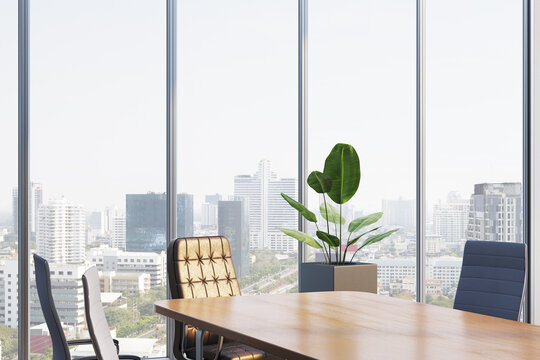 Modern corporate conference room interior with stylish chairs and wooden desk in front of large windows overlooking a cityscape view. 3D Rendering