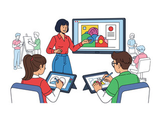 Art Workshop Session: A dedicated instructor guides a group of enthusiastic learners through an engaging art workshop, fostering creativity and skill development with digital tablet and display.