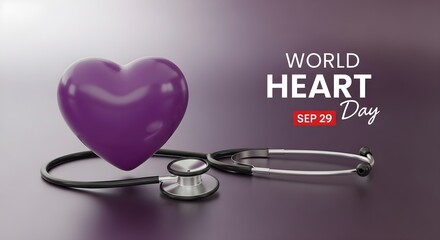 A 3D rendering of a purple heart and a stethoscope with the text "WORLD HEART DAY SEP 29" on a gradient background.