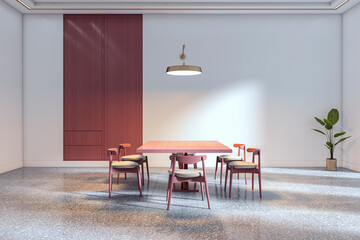 Modern conference room interior with red wooden table, six chairs, built-in cabinet, ceiling light, and plant in bright office space. 3D Rendering