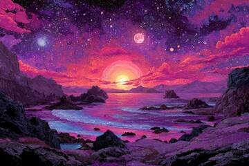 Pixel Art Sunset Over Rocky Coastline with a Distant Moon and Stars
