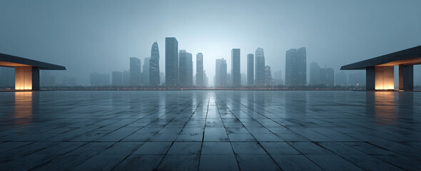 A modern city skyline, in front of the skyscrapers. 