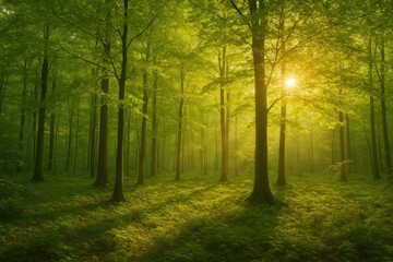 Golden hour forest with environmental sustainability themes creating inspiring nature conservation backdrop for green energy and eco-friendly marketing