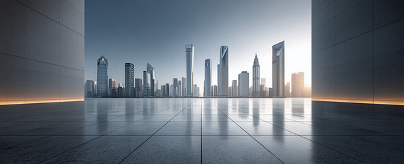 A modern city skyline, in front of the skyscrapers. 