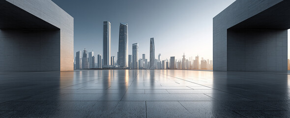 A modern city skyline, clear sky, seen from an empty square in front of the skyscrapers. 