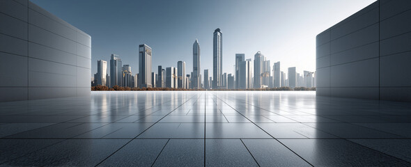 A modern city skyline, clear sky, seen from an empty square in front of the skyscrapers. 