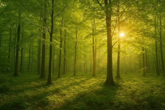 Golden hour forest with environmental sustainability themes creating inspiring nature conservation backdrop for green energy and eco-friendly marketing