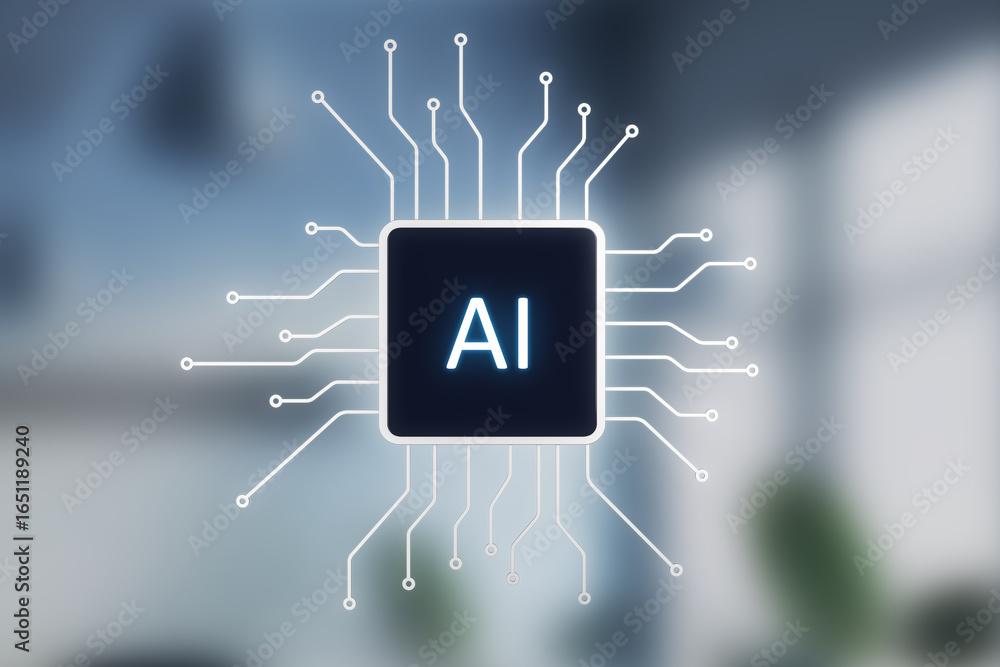 Poster ai chip with glowing circuit connections representing artificial intelligence technology and neural 