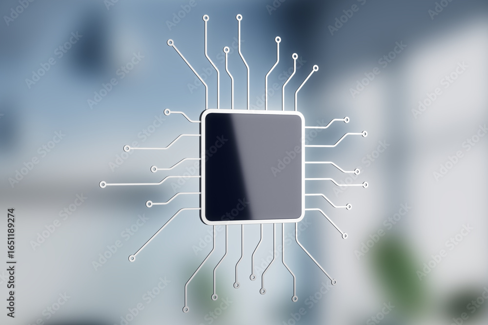 Poster abstract microchip icon with circuit lines on blurred light background representing clean high-tech 