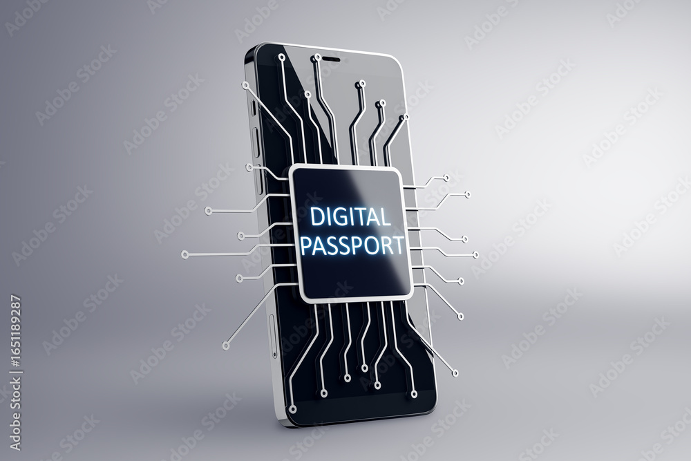Poster smartphone with integrated digital passport chip and circuit design on gradient background symbolizi