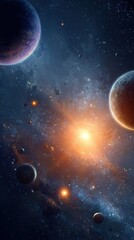 Obraz premium Vibrant cosmic scene with planets asteroids and a bright nebula center