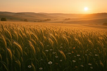 Golden wheat field at dawn with gentle breeze and countryside tranquility