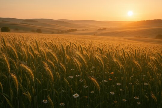 Golden wheat field at dawn with gentle breeze and countryside tranquility - Powered by Adobe