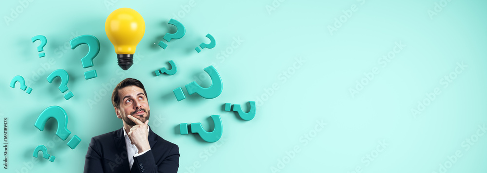 Poster businessman thinking with question marks and glowing lightbulb symbolizing idea and solution on clea