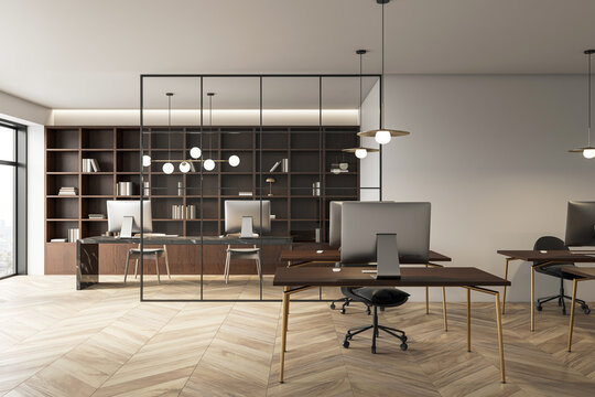 Fototapeta Modern minimalist corporate office interior with wooden parquet flooring, glass partition, and sleek desks with computers and chairs. 3D Rendering