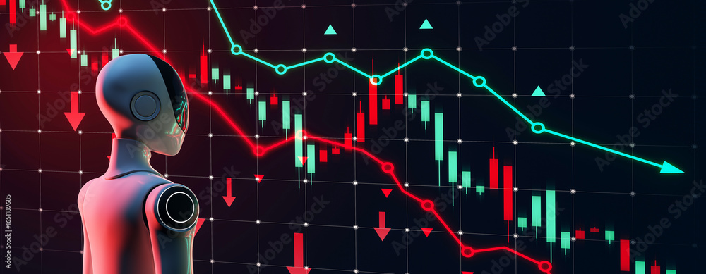 Poster futuristic robot analyzing stock market decline with digital financial data and chart indicators on 