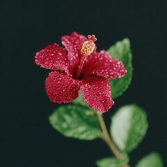 Vibrant hibiscus flower with morning dew in misty background