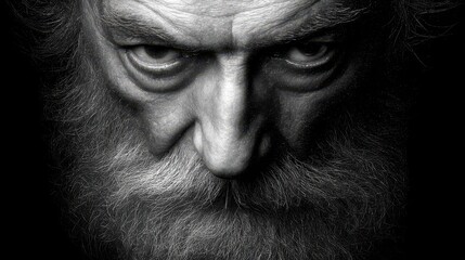 Close-up grayscale portrait of a man with a long beard.