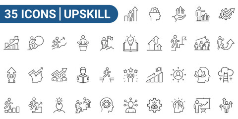 Upskill line icon set. Includes upskilling, development, growth, education, career, reskill, progress, strategy, and skill goal. Editable stroke. Vector illustration