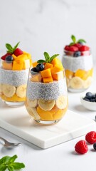 Delicious Mango Chia Seed Pudding with Berries and Banana.