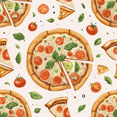 Seamless hand-drawn pattern with delicious pizza slices, tomatoes, mushrooms, olives, and basil leaves. Perfect for food packaging, menus, textile design, and Italian cuisine projects