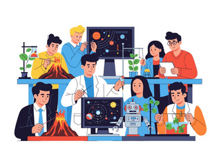 Science Laboratory Exploration: A collaborative environment in a science laboratory, showcasing scientists working on various experiments involving nature, technology, and research.