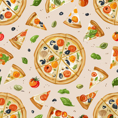 Seamless hand-drawn pattern with delicious pizza slices, tomatoes, mushrooms, olives, and basil leaves. Perfect for food packaging, menus, textile design, and Italian cuisine projects