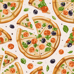 Seamless hand-drawn pattern with delicious pizza slices, tomatoes, mushrooms, olives, and basil leaves. Perfect for food packaging, menus, textile design, and Italian cuisine projects