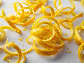 Close up of fresh lemon peel twists and zest on white background with vibrant yellow color