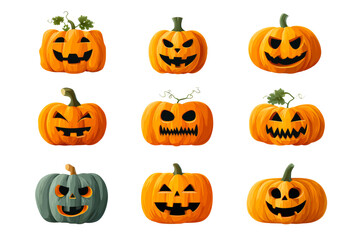 Collection of nine carved pumpkins with Halloween expressions