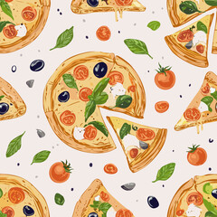 Seamless hand-drawn pattern with delicious pizza slices, tomatoes, mushrooms, olives, and basil leaves. Perfect for food packaging, menus, textile design, and Italian cuisine projects