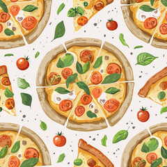 Seamless hand-drawn pattern with delicious pizza slices, tomatoes, mushrooms, olives, and basil leaves. Perfect for food packaging, menus, textile design, and Italian cuisine projects
