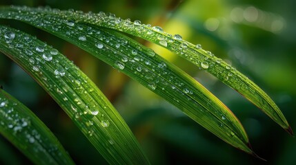 Naklejka premium Close-up of fresh green leaves with water droplets on surface showcasing natural moisture and vibrant plant detail