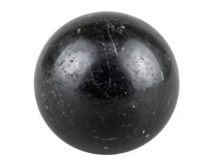 A single, dark grey metal sphere with a scratched surface isolated on transparent background.