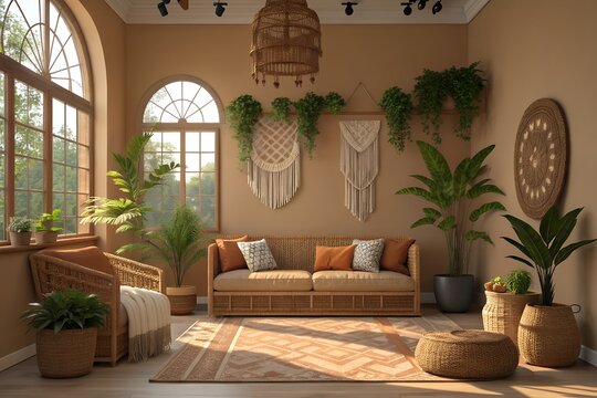 Bohemian living room interior with earthy tones, plants, rattan furniture, cozy sunlight, modern home lifestyle design and natural decor.