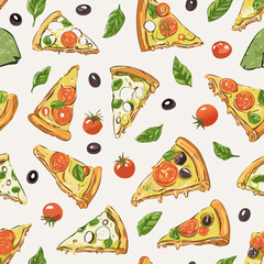 Seamless retro hand-drawn pattern with delicious pizza slices, cherry tomatoes, basil leaves, and olives. Cute vintage doodle style, perfect for food design, kitchen decor, and packaging