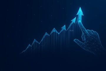 Digital hand points to upward trending stock market graph with glowing blue lines on dark background